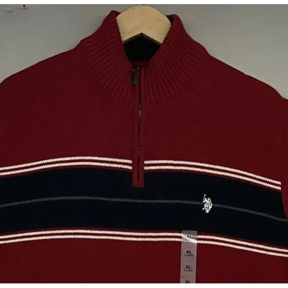 US Polo Assn Sweater‎ XL-Long Sleeve-1/4 Zip-Color Block--Red-Christmas-MSRP $70